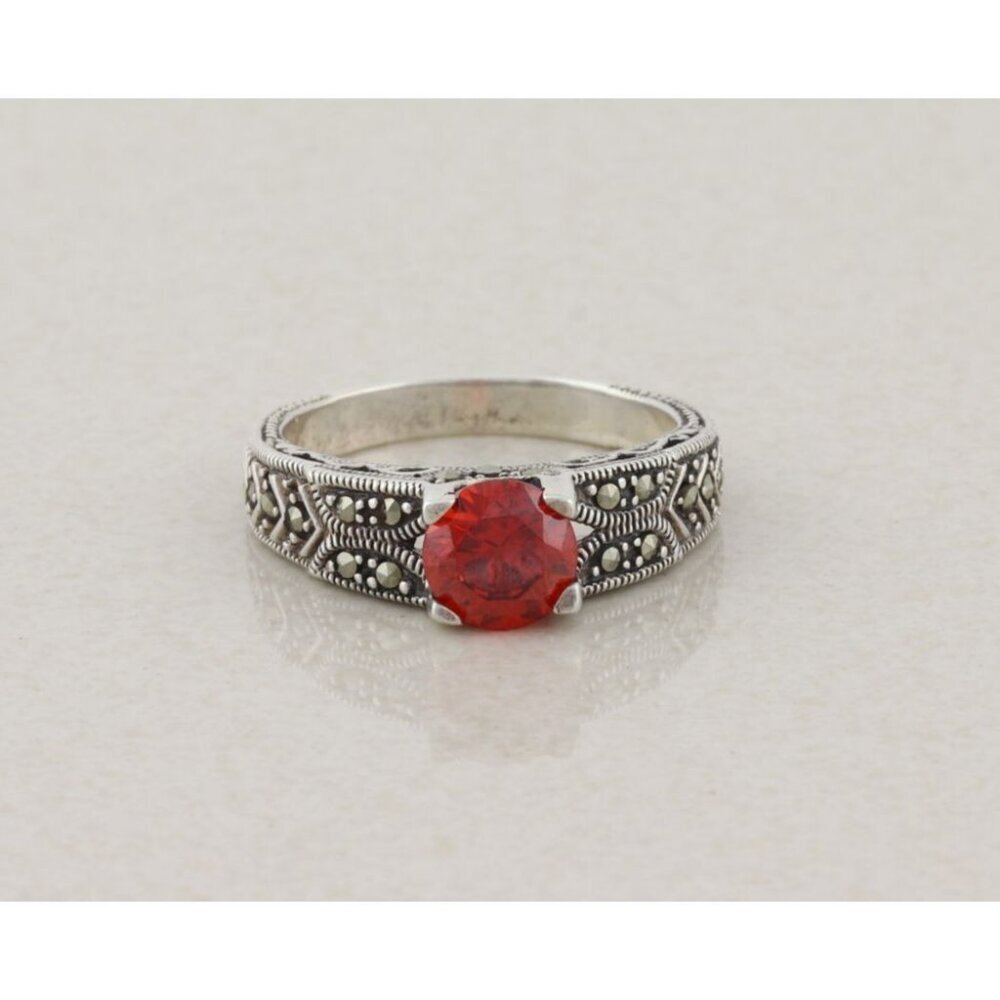 Sterling Silver Red Cubic Zirconia Marcasite Ring Size 8